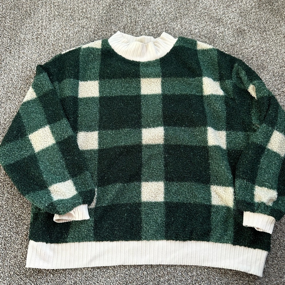 Anthropologie Green and Cream Buffalo Plaid Crewneck Sweater